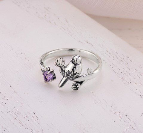 Кольцо серебряное разъемное с птицей Соловейко Amethyst 925 Zirkon 17-18 размер 2533969073 фото