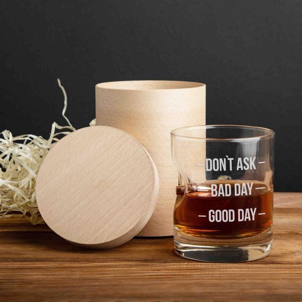 Стакан с пулей "Don`t ask. Bad day. Good day" для виски, англійська, Тубус зі шпону BD-BULLET-GLASS-37 фото
