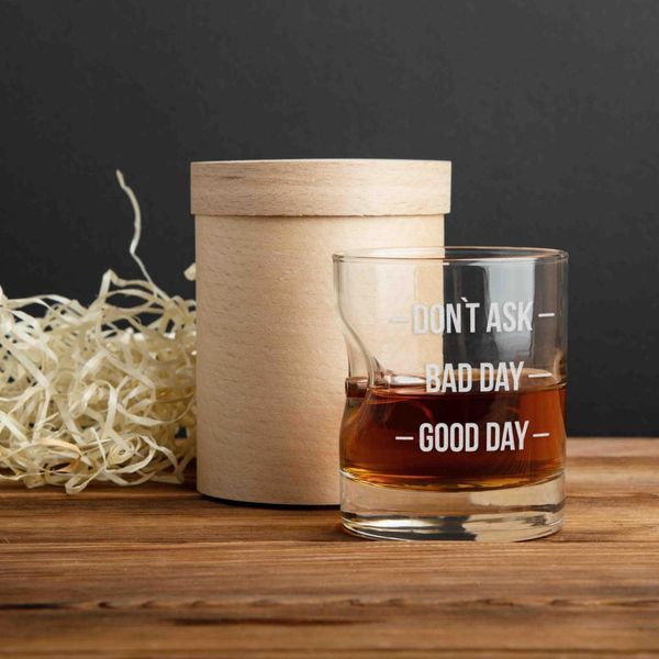 Стакан с пулей "Don`t ask. Bad day. Good day" для виски, англійська, Тубус зі шпону BD-BULLET-GLASS-37 фото