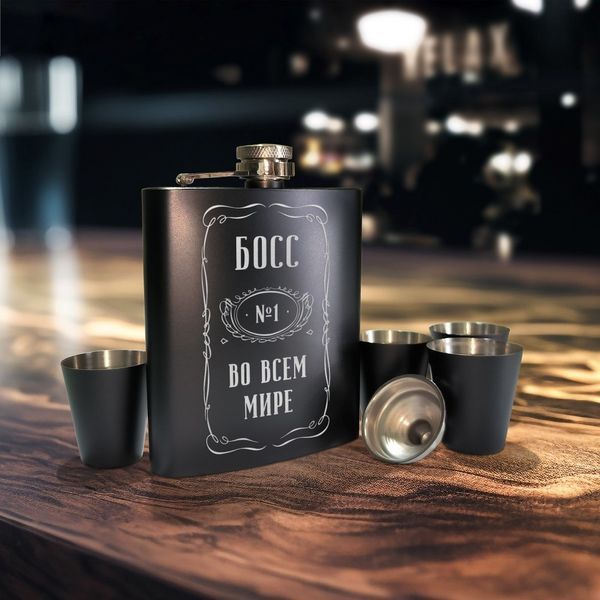 Набор черная фляга с рюмками "Босс №1 во всем мире", Деревянная подарочная коробка 2603900545 фото
