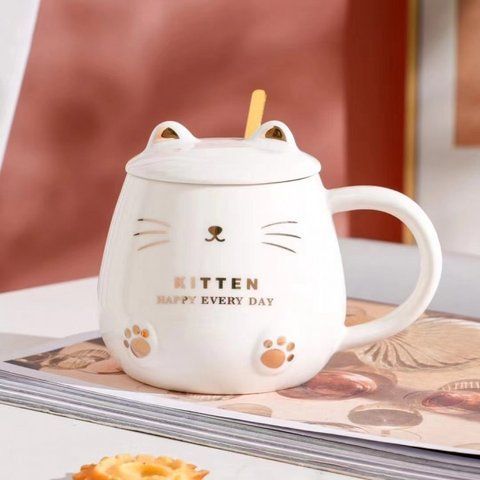 Подарочный набор кружка с крышкой и ложкой Love kitty (белый) 2508325626 фото