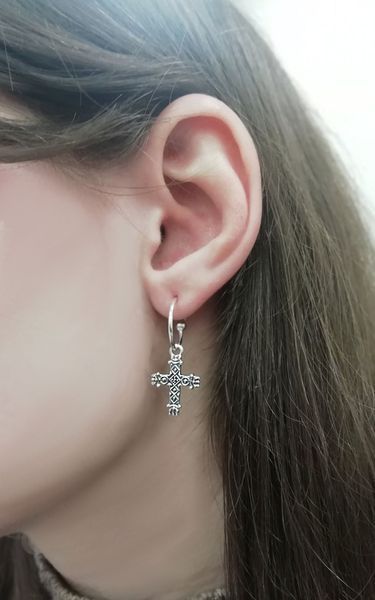 Сережки етнічні срібні хрестики з орнаментом Згарда Вишиванка 925 128-S-5126s фото