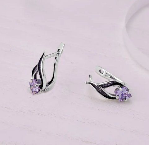 Сережки срібні Листочок Вербочки Lavender 925 Zirkon 2461139321 фото