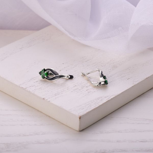 Сережки срібні Листячок Вербочки із зеленим камінням Emerald 925 Zirkon 248-S04-5155s фото