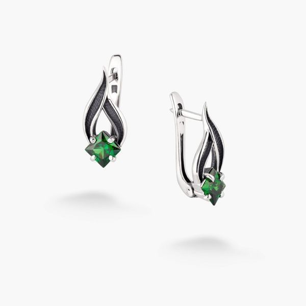 Сережки срібні Листячок Вербочки із зеленим камінням Emerald 925 Zirkon 248-S04-5155s фото