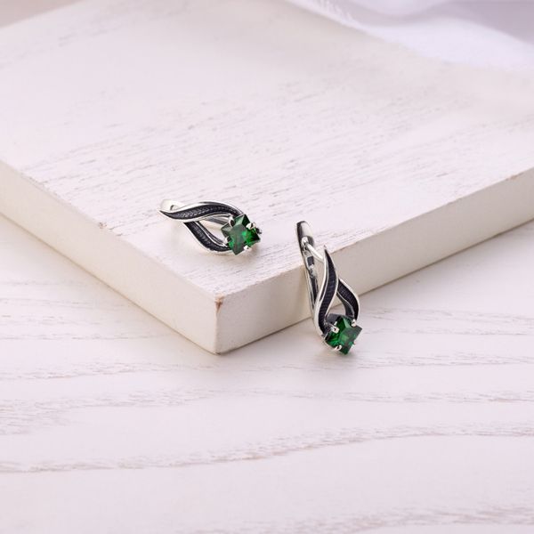 Сережки срібні Листячок Вербочки із зеленим камінням Emerald 925 Zirkon 248-S04-5155s фото