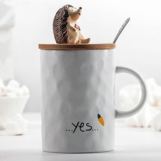 Кухоль Yes з їжачком на деревяній кришці з ложкою 375 мл 2495271477 фото
