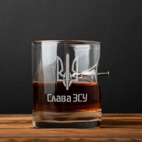 Склянка з цвяхом "Слава ЗСУ" для віскі в дерев'яній подарунковій коробці з гравіюванням 2603808958 фото