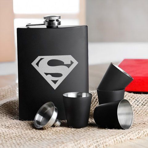 Набор черная фляга с рюмками "Superman", Деревянная подарочная коробка 2603900574 фото