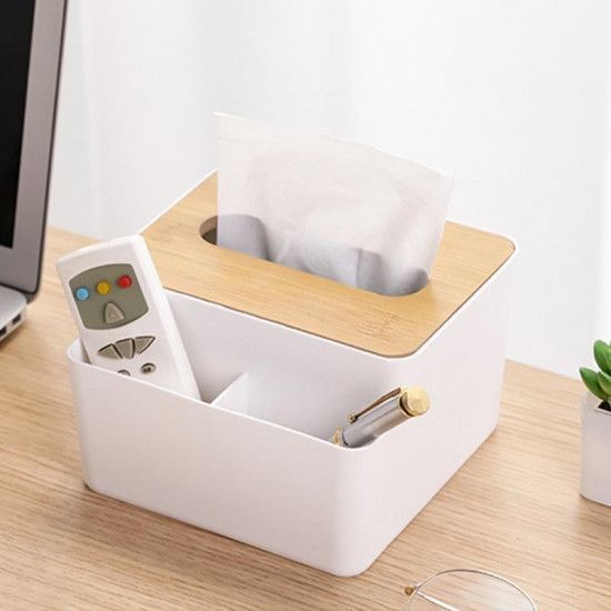 Бокс для салфеток Tissue с бамбуковой крышкой с отделением под косметику и гаджеты 126766 фото