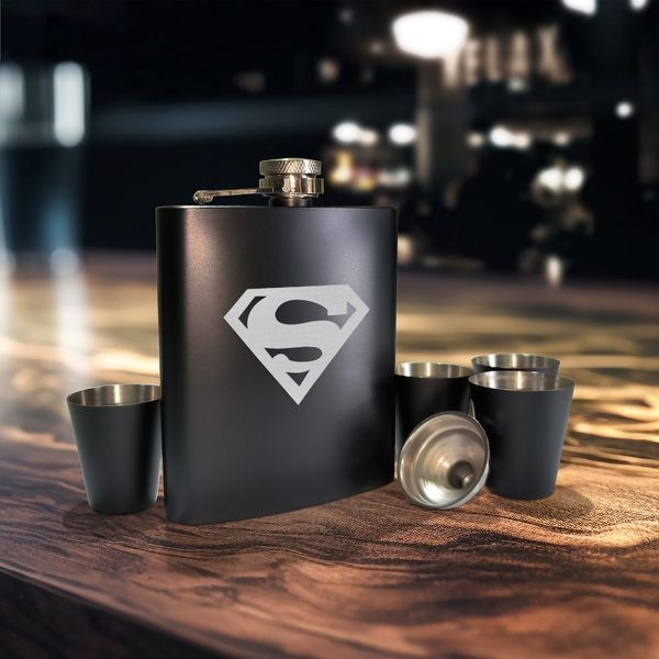 Набор черная фляга с рюмками "Superman" , Крафтовая коробка 2603900577 фото