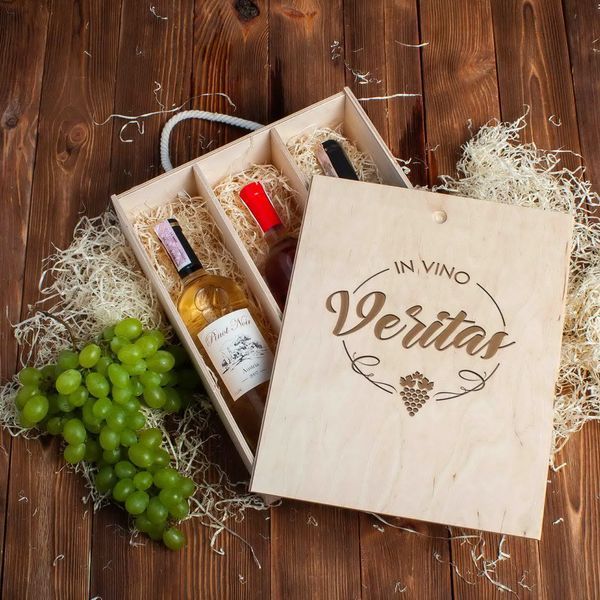 Коробка для вина на три пляшки "In vino veritas", англійська BD-box-01 фото