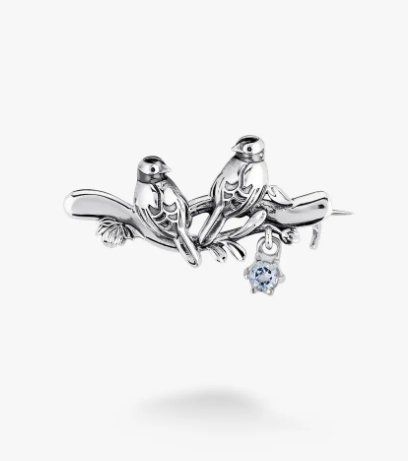 Брошь серебряная с птицами на ветке Соловейко Голубой Топаз 925 Zirkon 265-S27-5286b фото