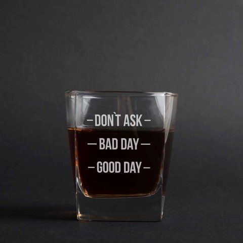 Стакан для виски "Don`t ask. Bad day. Good day", англійська, Дерев'яна подарункова коробка з гравіюванням 2603810701 фото
