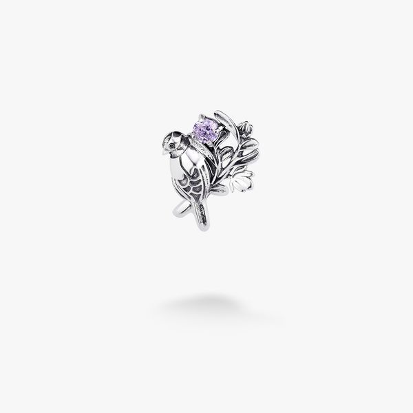 Брошка-значок срібна з птицею Соловейко Lavender 925 Zirkon 264-S25-5290b фото