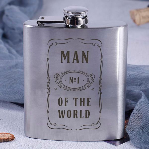 Фляга стальная "Man №1 of the world", английский, Деревянная подарочная коробка с гравировкой 2603883391 фото