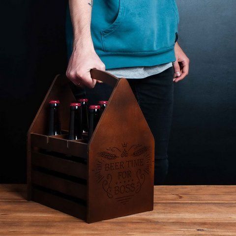 Ящик для пива "Beer time for boss" для 6 пляшок, Коричневий, Brown, англійська BD-box-18 фото