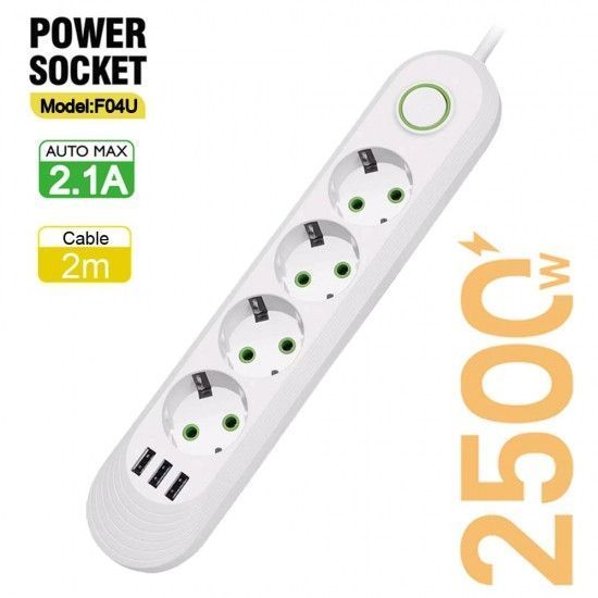 Мережевий фільтр-подовжувач 4 розеток 3USB 2500W White 2399801328 фото
