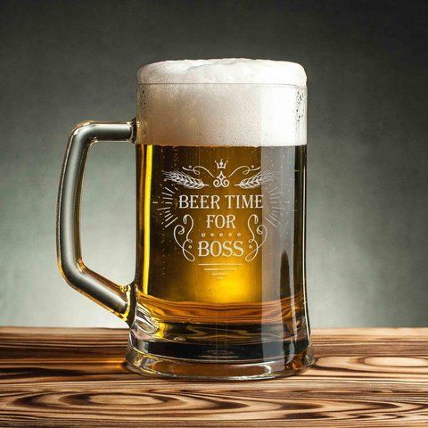 Кружка для пива "Beer time for boss" с ручкой, английский, Крафтовая коробка 2603895571 фото