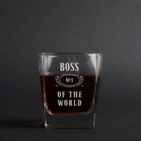 Стакан для віскі "Boss No1 of the world", англійська, Дерев'яна подарункова коробка з гравіюванням 2603810708 фото