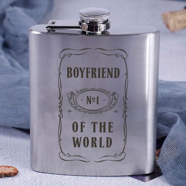 Фляга сталева "Boyfriend No1 of the world", англійська, Дерев'яна подарункова коробка 2603883398 фото