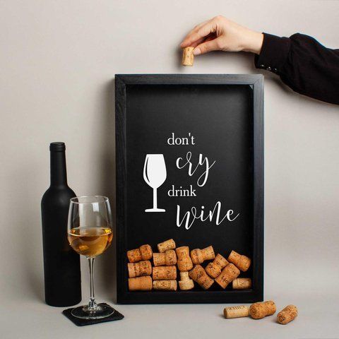 Рамка скарбничка "Don't cry drink wine" для корків, Чорний, англійська 2603848533 фото