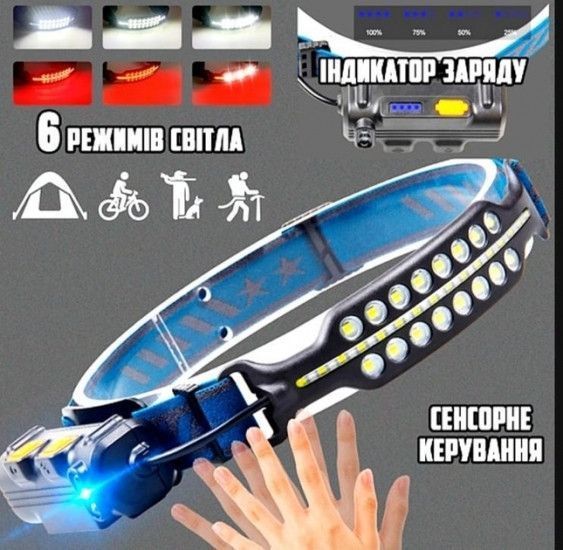 Налобный фонарь аккумуляторный белые и красные LED, сенсорное управление 1979897438 фото