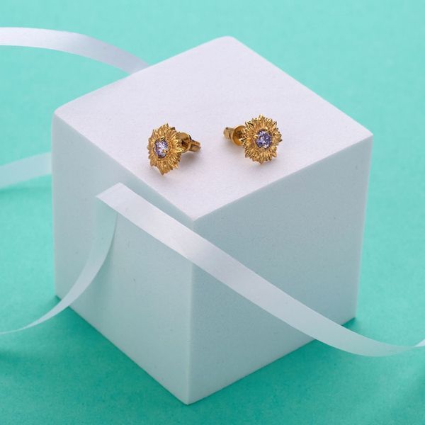Пусеты серебряные с позолотой Подсолнух Lavender 925 Gold Zirkon 2640498366 фото