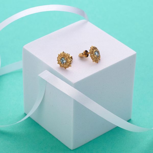 Пусети срібні з позолотою Соняшник Блакитний Топаз 925 Gold 2640498367 фото