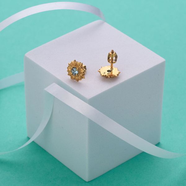 Пусети срібні з позолотою Соняшник Блакитний Топаз 925 Gold 2640498367 фото