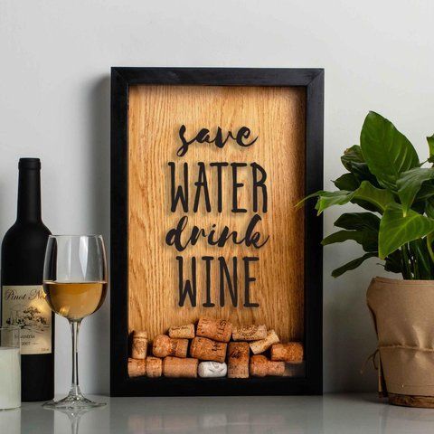 Рамка скарбничка "Save water drink wine" для корків, Чорний-коричневий, англійський 2603847204 фото