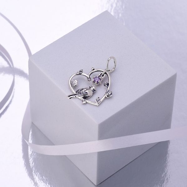 Кулон срібний у формі серця з птицею Соловейко Amethyst 925 Zirkon 2508339945 фото