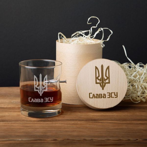 Стакан с гвоздем "Слава ЗСУ" для виски, українська, Тубус зі шпону BD-PIN-18 фото