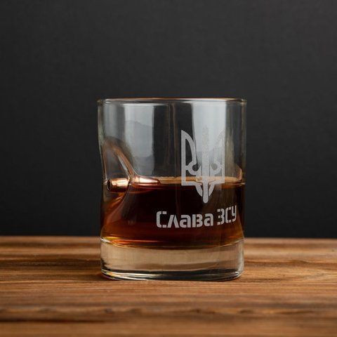 Стакан с пулей "Слава ЗСУ" для виски в тубусе из шпона 2603834951 фото