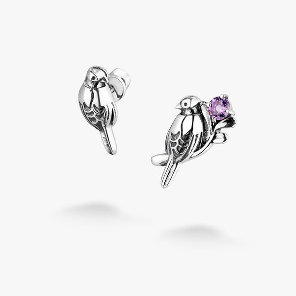 Сережки пусети срібні у формі птиці Соловейко Amethyst 925 Zirkon 2508339946 фото